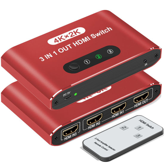 Picture of HDMI Switch 3 in 1 Out, 4K@30Hz HDMI Selector with Remote Control, 3 Ports HDMI Switcher, Perfect for Full HD 4K 1080P 3D Video Roku Fire TV Blu-ray Players Stick Apple PS4/PS5 Xbox Chromecast (Red)