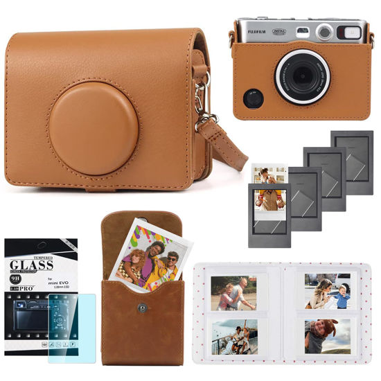 Picture of CAIYOULE Case for Fujifilm Instax Mini EVO, Protective PU Leather Carrying Bag with Mini Photo Pouch, Album, Frames, Screen Protector Accessories Kit - Vintage Brown
