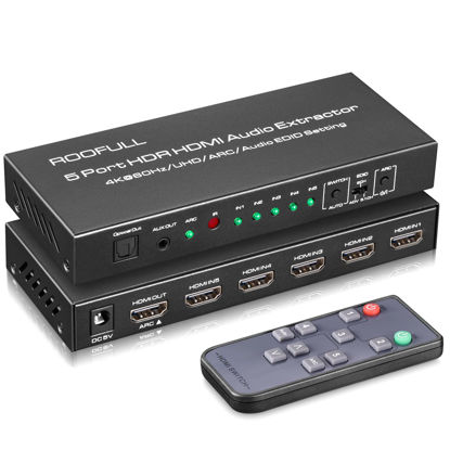 Picture of ROOFULL 5 Port 4K@60Hz HDMI Switch with Optical & 3.5mm AUX Audio Out, 5 in 1 Out HDMI 2.0 Switch Audio Extractor with Remote, Support ARC, HDR 10, HDCP 2.2, 18Gbps, Dolby Vision/Atmos, 3D, 1080P