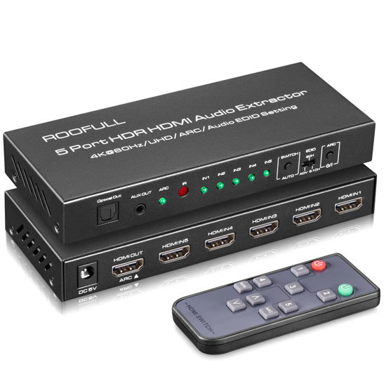 Picture of ROOFULL 5 Port 4K@60Hz HDMI Switch with Optical & 3.5mm AUX Audio Out, 5 in 1 Out HDMI 2.0 Switch Audio Extractor with Remote, Support ARC, HDR 10, HDCP 2.2, 18Gbps, Dolby Vision/Atmos, 3D, 1080P