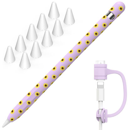 Picture of NIUTRENDZ Sunflower Case for Apple Pencil 1st Generation Case Cover Silicone Protective Sleeve Accessories with Apple Pencil Tips Cover & Cable Adapter Tether (Purple)