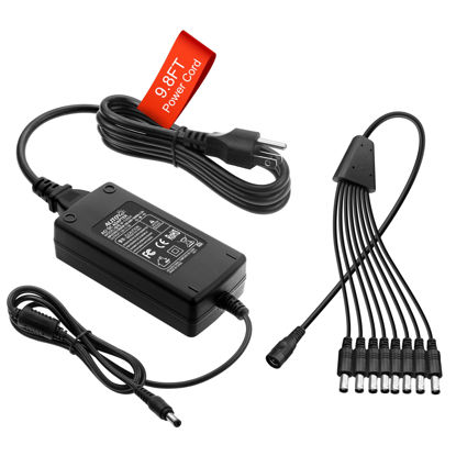 Picture of ALITOVE Security Camera Power Supply Adpter 12V 5A with 8 Way Power Splitter Cable 5.5x2.1mm, 100-240V 50-60Hz AC to DC Converter for Analog AHD CCTV DVR Surveillance System (Extended Version 14.5ft)