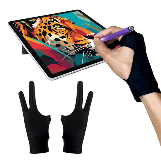 Picture of AmberVec Drawing Glove Right Left Hand, Palm Rejection Digital Art Glove for Tablet iPad, Sketching Drawing Gloves with Two Finger, Gifts for Animators and Digital Artists, [2 Pack] Size L