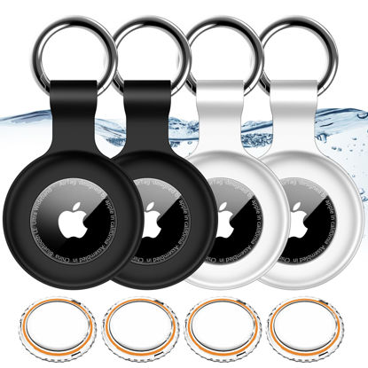 Picture of 4 Pack,IPX8 Waterproof Airtag Holder for Apple Air Tags with Air Tag Keychain,Shockproof GPS Cover [Anti-Scratch] [PC+Silicone] Air-Tag Item Finders Case for Pets,Kids,Luggages-White/White/Black/Black