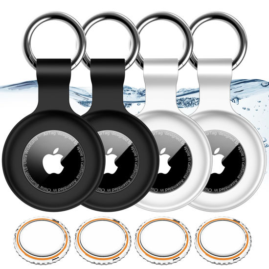 Picture of 4 Pack,IPX8 Waterproof Airtag Holder for Apple Air Tags with Air Tag Keychain,Shockproof GPS Cover [Anti-Scratch] [PC+Silicone] Air-Tag Item Finders Case for Pets,Kids,Luggages-White/White/Black/Black