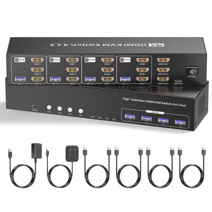 Picture of USB 3.0 Three Monitor HDMI KVM Switch, 4K60Hz 4 Port HDMI KVM Switch 3 Monitors 4 Computers, 4 PC Share 1 Set of Keyboard, Mouse, 3 Monitors and 4 USB 3.0 Ports