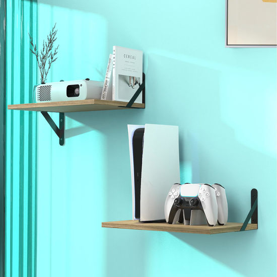 Picture of DAWASAPAT Projector Shelf, Projector Wall Mount Floating Shelf, Projector Mount Floating Shelves, Rustic Wood Shelves 2pcs with Cable Ties-Oak