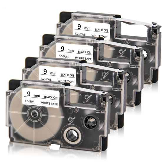 Picture of Absonic 4-Pack Compatible for Casio Label Maker Tape 9mm XR-9WE XR-9WE2S XR9WE2S 9mm Black on White Label It for KL-120 KL-60 KL-100 KL-750 KL750B KL-780 KL820 KL7000 KL7200 Label Maker, 3/8" x 26'