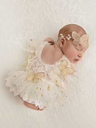 Picture of Ylsteed Newborn Photography Outfits Girl Newborn Photography Props Lace Romper with Pearls Headband Newborn Infant Photo Shoot Outfits Girls Photo Props Newborn Girl Photoshoot Outfits (Beige)