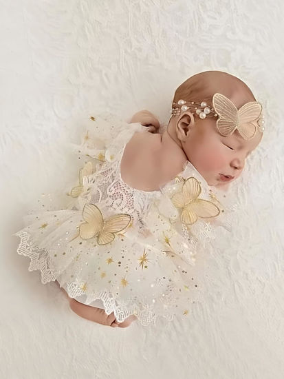 Picture of Ylsteed Newborn Photography Outfits Girl Newborn Photography Props Lace Romper with Pearls Headband Newborn Infant Photo Shoot Outfits Girls Photo Props Newborn Girl Photoshoot Outfits (Beige)