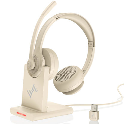 Picture of Wireless Headset with AI Noise Cancelling Microphone Bluetooth Headset - Bluetooth V5.2 Headphones with USB Dongle, Charging Base & Mic Mute for Computer/Laptop/PC/iPhone/Android/Cell Phones-Apricot
