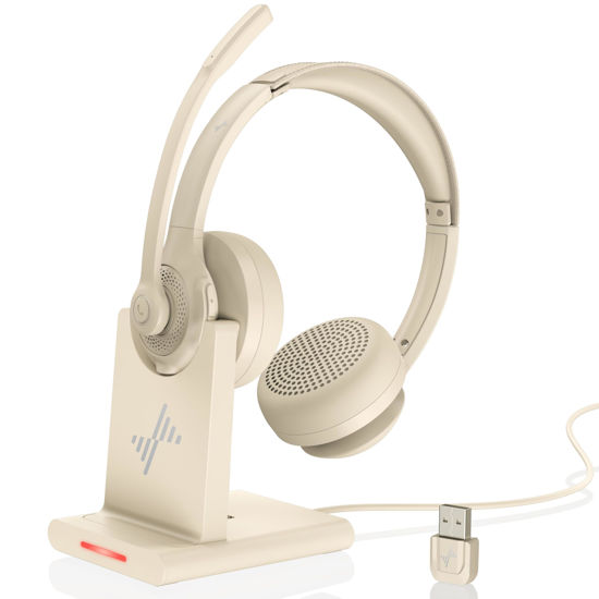 Picture of Wireless Headset with AI Noise Cancelling Microphone Bluetooth Headset - Bluetooth V5.2 Headphones with USB Dongle, Charging Base & Mic Mute for Computer/Laptop/PC/iPhone/Android/Cell Phones-Apricot