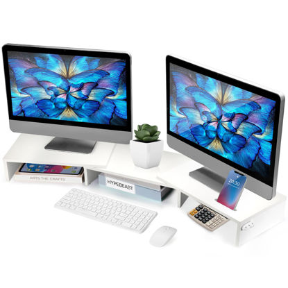 Picture of La Jaco Dual Monitor Stand Riser for 2 Monitors, Monitor Stand for Desk, Adjustable Length & Swivel Angle Wooden Desktop Organizer Stand Riser with Smartphone Holder for PC Monitor Laptop, White