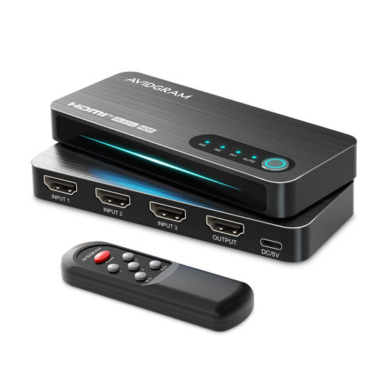Picture of AVIDGRAM 3 Port HDMI 2.1 Switch 4K 120Hz, 8K 60Hz Automatic Switching Selector Hub with IR Remote, 48Gbps Bandwidth, Compatible with PS4 Pro, PS5, Xbox Series X, UHD TV, Monitor, Projector