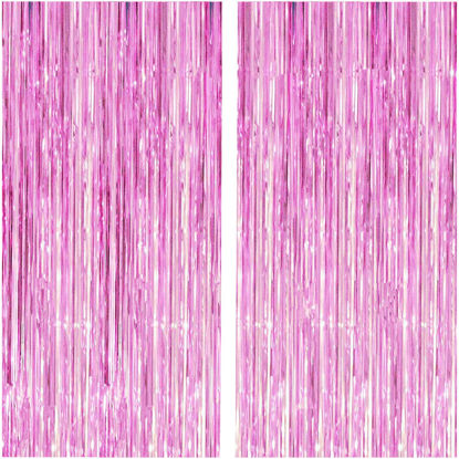 Picture of 2 Pcs 3.2ft x 8.2ft Shiny Pink Metallic Tinsel Foil Fringe Curtains Photo Booth Pink Backdrop for Birthday Wedding Bridal Shower Baby Shower Bachelorette Party Decorations