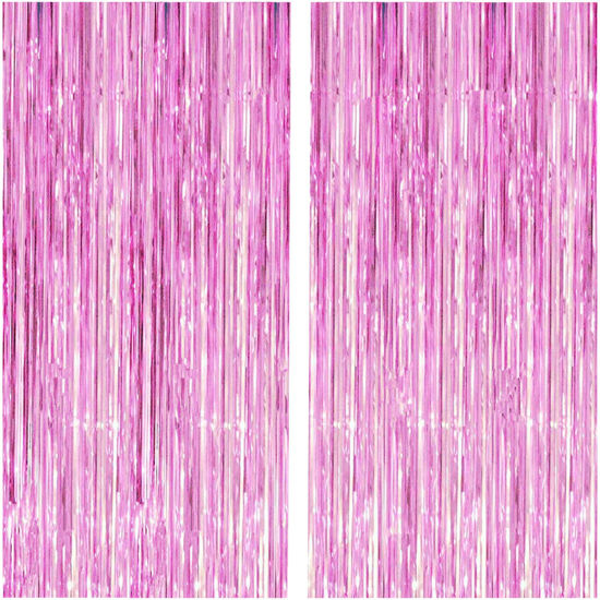 Picture of 2 Pcs 3.2ft x 8.2ft Shiny Pink Metallic Tinsel Foil Fringe Curtains Photo Booth Pink Backdrop for Birthday Wedding Bridal Shower Baby Shower Bachelorette Party Decorations