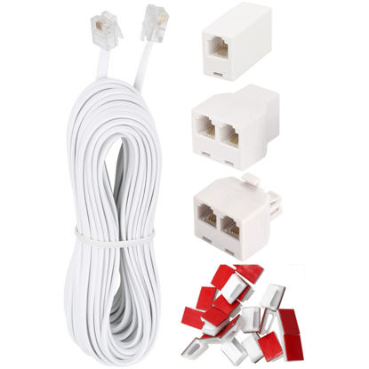 Picture of OMITUOFO Phone Extension Cord 33 Ft, Telephone Cable with Standard RJ11 Plug and Inline Coupler,Telephone Splitters,3Female Telephone Splitter and 20 Cable Clip Holders, White