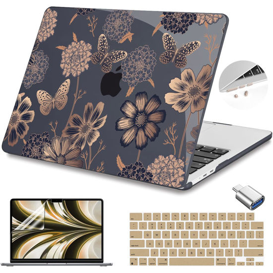Picture of Teryeefi for MacBook Air M2 M3 13.6 Case 2022 2023 2024 2025 Release A2681 A3113, Clear Hard Shell with Keyboard Cover & USB 3.0 Adapter & Screen Protector, Gold Floral Butterfly