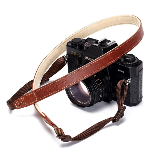 Picture of CANPIS CP008 Camera Shoulder Neck Strap compatible with Canon Nikon Leica Fuji Sony Olympus etc. Brown Color, Adjustable Length, Slim with Flocking Comfortable Pad