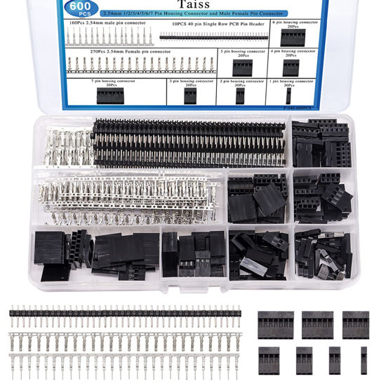 Picture of Taiss 600PCS Dupont Connector Kit 2.54mm 1/2/3/4/5/6/7 Pin Housing Connector and Male Female Crimp Pin,Dupont Crimp Pin Adaptor Assortment,Jumper Wire Cable Pin Header