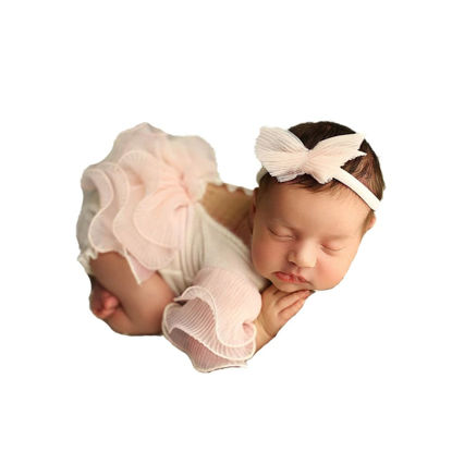 Picture of CUTEBBPHOTO Newborn Photography Outfits Girl Baby Photo Tutu Dress Newborn Photoshoot Romper Baby Picture Bodysuit Lace Outfit (Beige)