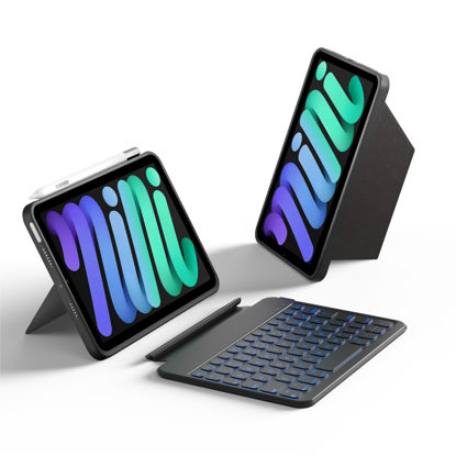 Picture of HOU Keyboard Case for iPad Mini 7/6, 156° Adjustable Stand, Detachable Full Protective Case for iPad Mini 7/6, 11 Shortcut Keys, 7 Color Backlight, Silicone PU, Multifunction, Bluetooth