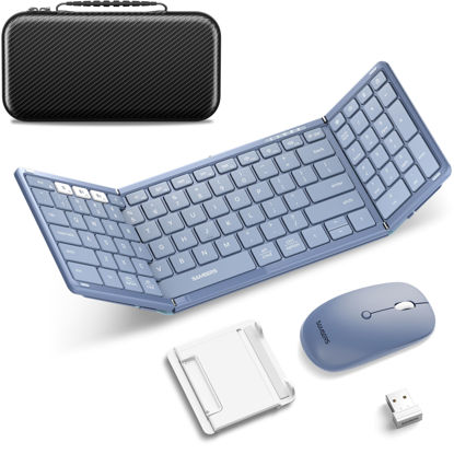 Picture of Foldable Keyboard and Mouse, Samsers Folding Bluetooth Keyboard Mouse Combo, 2.4G + BT5.0 x 2, Full-Size Portable Travel Keyboard & Rechargeable Wireless Mouse for Windows Android iOS Mac OS, Blue