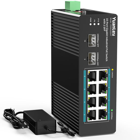 Picture of YuanLey 10 Port Industrial Switch with 8 Port PoE Gigabit & 2X SFP Port, Unmanaged PoE Switch with 120W Power Adapter, IEEE802.3af/at, VLAN & RSTP, Din-Rail PoE Switch for IP Camera, VoIP Phones,AP
