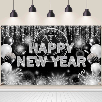 Picture of AIBIIN Black Silver Happy New Year Backdrop 2025 Kiss Me at Midnight Photography Background Cheers to The New Year Eve Hello 2025 Party Decorations Firework New Year Banner Photo Props 7X5ft