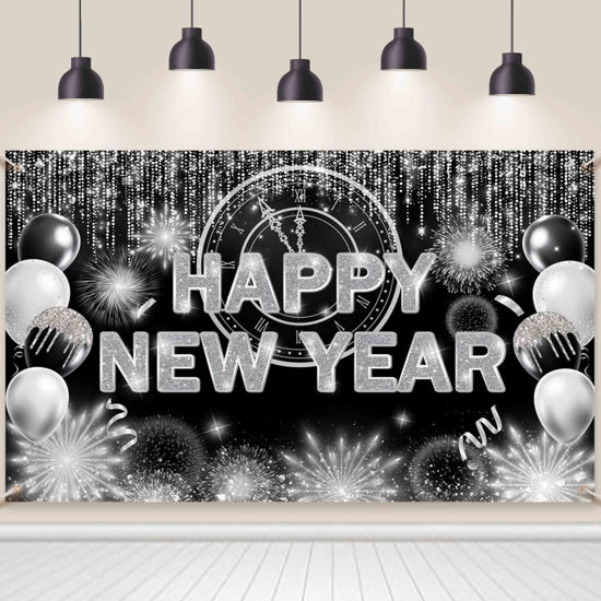 Picture of AIBIIN Black Silver Happy New Year Backdrop 2025 Kiss Me at Midnight Photography Background Cheers to The New Year Eve Hello 2025 Party Decorations Firework New Year Banner Photo Props 7X5ft
