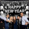 Picture of AIBIIN Black Silver Happy New Year Backdrop 2025 Kiss Me at Midnight Photography Background Cheers to The New Year Eve Hello 2025 Party Decorations Firework New Year Banner Photo Props 7X5ft