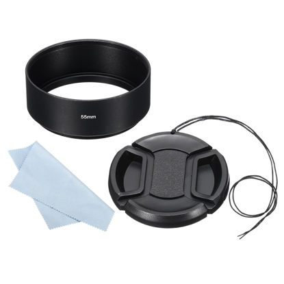 Picture of PATIKIL 55mm Lens Hood, Standard Focus Frosted Surface Anti-reflective Inside Hood with 58mm Lens Cap and Cloth for Camera Lens, Black for Nikon, for Fujifilm, for Pentax, for Leica