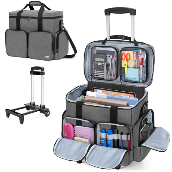 Picture of CURMIO Rolling Teacher Tote Bag with Padded Laptop Compartment for up to 15.6 Inches Laptop, Wheeled Teacher Bag for Teaching, Office, Craft, Gray