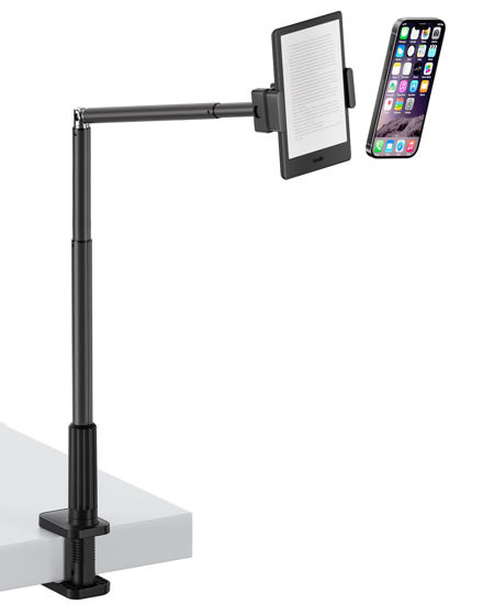 Picture of Viozon Tablet Holder Stand, Phone/Kindle Holder with Flexible Aluminum Alloy Long Arm, C Clamp for Headboard Bedside&Table, Compatible with 3.5-11" iPad,Kindle, iPhone 15 14 Plus/Pro Max,B