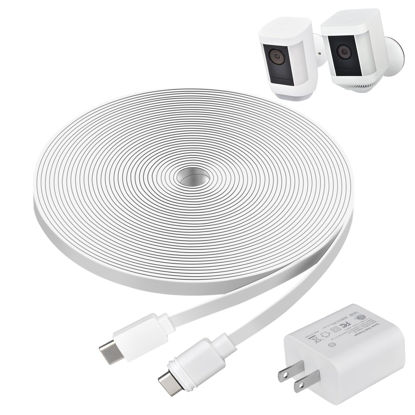 Picture of Prestantious Power Charge Cable with Adapter for Ring Spotlight Cam Plus/Pro (Battery), 20ft. Charge Cord with Charge Adapter to Charge Camera Battery Continuously, White, 1-Pack