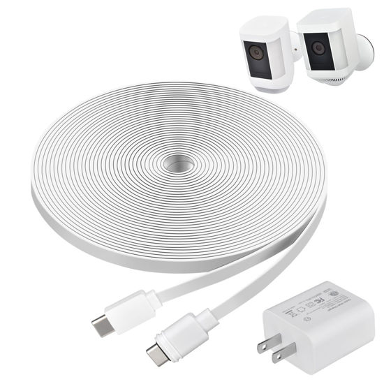 Picture of Prestantious Power Charge Cable with Adapter for Ring Spotlight Cam Plus/Pro (Battery), 20ft. Charge Cord with Charge Adapter to Charge Camera Battery Continuously, White, 1-Pack
