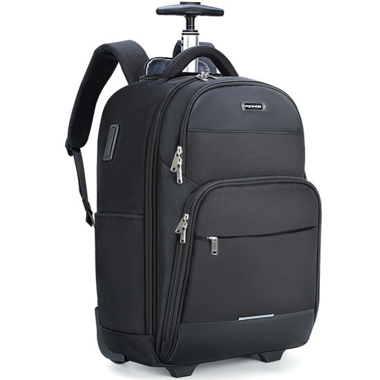 Picture of Ponhog Rolling Backpack, 30L Travel Laptop Backpack with Wheels, 15.6 Inch Roller Carry on Luggage with USB Charging Port, Flight Approved Personal Item Wheeled Suitcase for Men Women Adults, Black