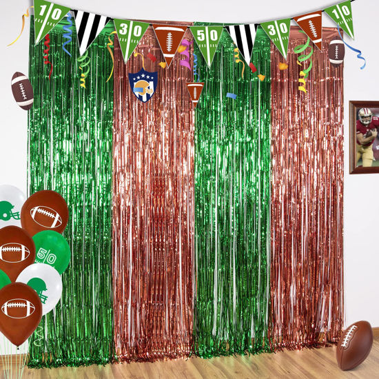 Picture of LOLStar 3 Pack Football Party Decorations, 3.3x6.6ft Green Brown Foil Fringe Curtains Metallic Tinsel Football Photobooth Props Backdrop for Super Ball Sunday Football Party Streamers Decors Supplies