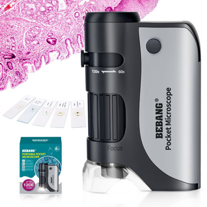 Picture of BEBANG Pocket Microscope,60X-120X Handheld Mini Microscope for Kids with LED Lighted Zoom, Portable Microscope Kits with 5 Pcs Slides for Adults Microbiological Observation Preschool Home Study Gifts