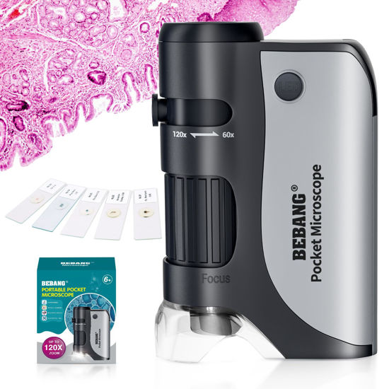 Picture of BEBANG Pocket Microscope,60X-120X Handheld Mini Microscope for Kids with LED Lighted Zoom, Portable Microscope Kits with 5 Pcs Slides for Adults Microbiological Observation Preschool Home Study Gifts