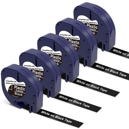 Picture of 5 X White on Black Tape Replacement for Dymo Label Maker Refills Plastic 12mm X 3m Compatible with Dymo Letratag Refills for Letra tag LT100H LT100T QX50 Label Maker Tape