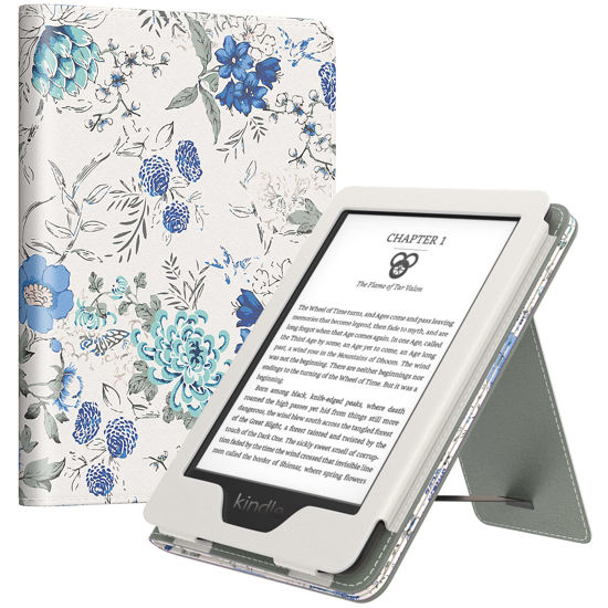 Picture of MoKo Case Fits 6" Kindle(11th Generation, 2024/2022 Release)/Kindle(10th Gen,2019)/Kindle(8th Gen, 2016), Ultra Lightweight PU Shell Cover with Auto Wake/Sleep for Kindle 2024, Blue Flower on White