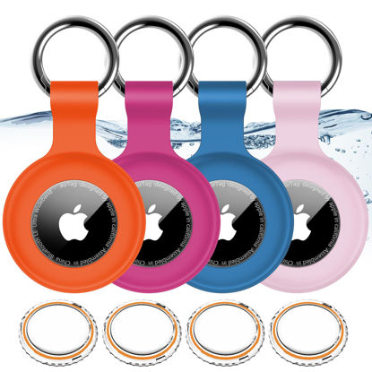Picture of 4 Pack,IPX8 Waterproof Airtag Holder for Apple Air Tags with Air Tag Keychain,Shockproof GPS Cover [Anti-Scratch] [PC+Silicone] Air-Tag Item Finders Case for Pets,Luggage-Blue/Pink/Orange/Rose Red