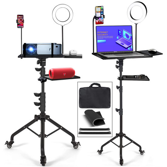 Picture of Asltoy Projector Tripod Stand with Wheels Adjustable Height Laptop Tripod Stand with LED Ring Light Carrying Bag 2 Shelves Mouse Tray Phone Holder Projector Music Stand Portable Laptop Floor Stand