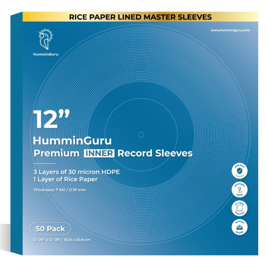 Picture of HumminGuru 3-Ply Premium Inner Record Sleeves 12 Inch. Rice Paper Lined Master Sleeves. Anti-Static Vinyl Record Sleeves, Acid-Free Thick HDPE 3+1 Layer in 7 Mil, 50 Pack (12” Master Inner Sleeves)