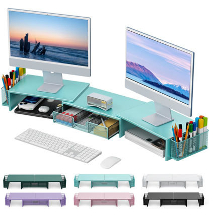 Picture of gianotter Dual Monitor Stand Riser, Desk Organizer With Drawer and 2 Pen Holders, Desk Accessories & Workspace Organizers, Monitor Stand for Desk, Office Decor Essentials (Blue)