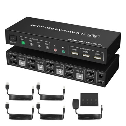 Picture of 4K@60Hz Displayport KVM Switch 2 Monitors 4 Computers, DP1.2 KVM Switch Dual Monitor with Audio Microphone Output and 3 USB 2.0 Ports, 4 Port KVM Switch Displayport for 4 PCs 2 Monitors