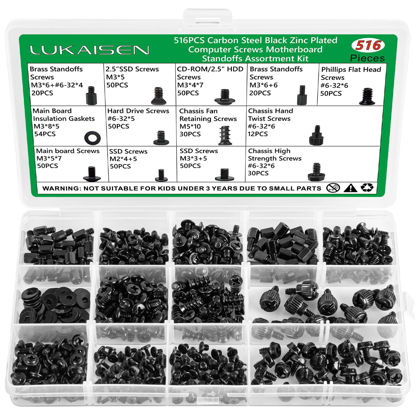 Picture of 516PCS Computer Screws Assortment Kit, 6-32 Male to M3 Female Carbon Steel Black Zinc Plated Motherboard Standoffs Screws for 2.5''SSD Hard Drive Fan Power Graphics Chassis CD-ROM Computer ATX Case