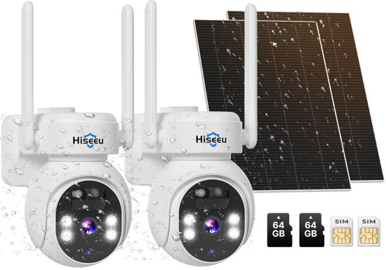 Picture of Hiseeu No WiFi Security Camera, 2 Pack 4G Cellular Security Cameras Wireless Outdoor, Solar Cameras Without WiFi Needed, 2K Color Night Vision, 2-Way Talk, PIR Motion, 64G SD & SIM Card Included