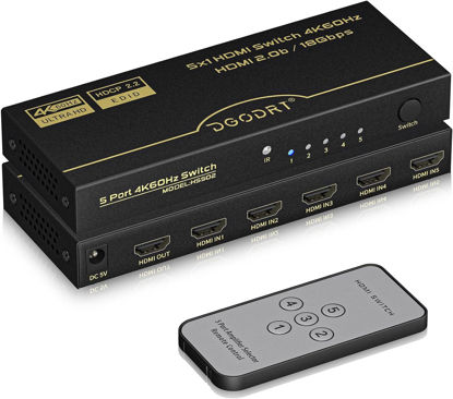 Picture of 4K 60Hz 5x1 HDMI Switch 5 in 1 Out, 5 Port HDMI Switcher Box with Remote Control and Automatic Switch for HDTV PS4/5 Xbox PC Monitor Fire Stick Gaming Consoles